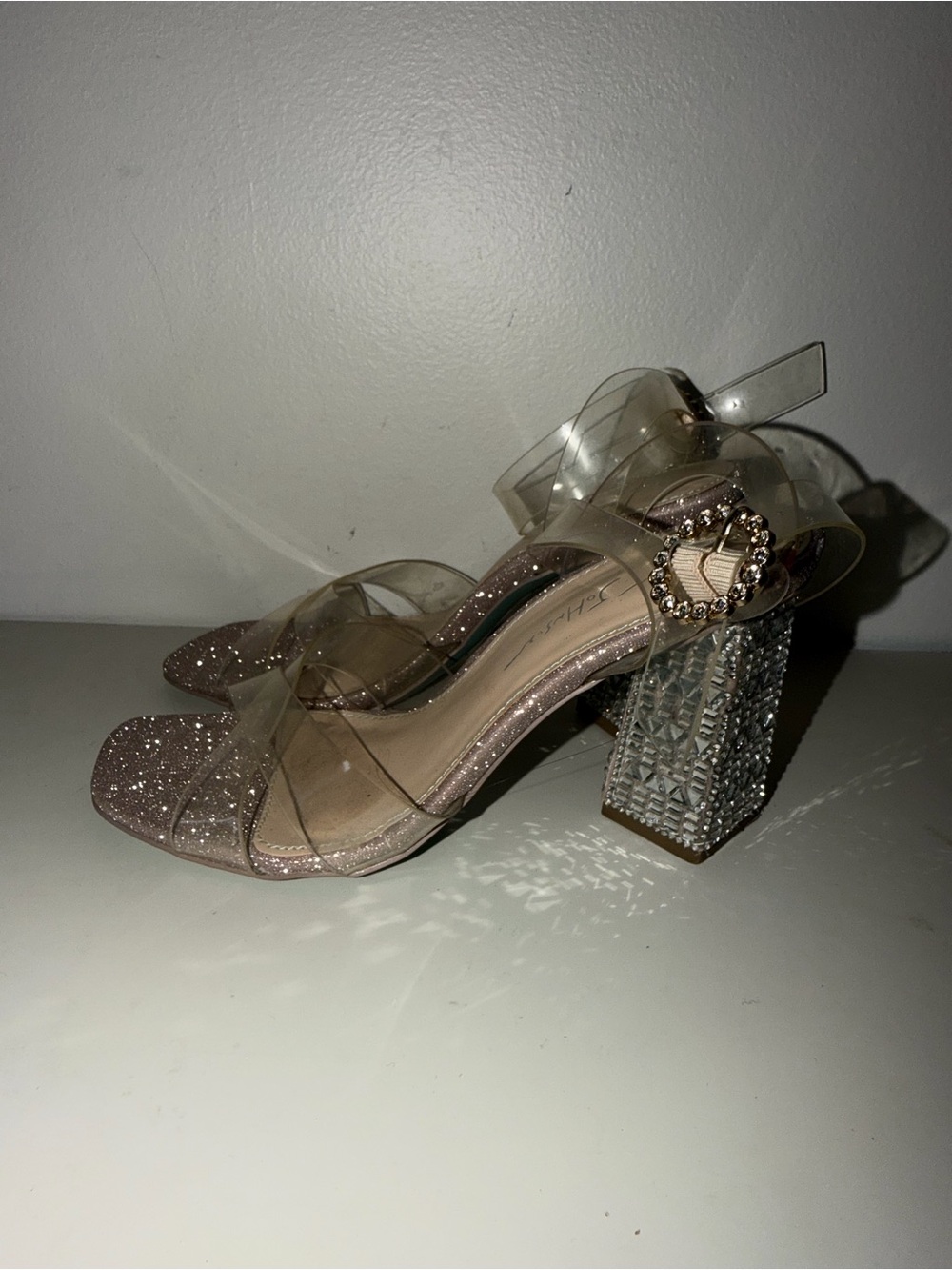 Betsey Johnson SB-Bell Size 6 Clear Rhinestone Glitter Block Heel Sandals